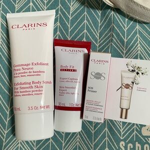 Clarins personal care set exfoliating body scrub SOS primer body fit act…